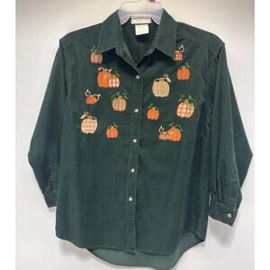 VTG 90s Mandal Bay Fall Pumpkin Corduroy Button Up Women's Sz S/M Petite Green